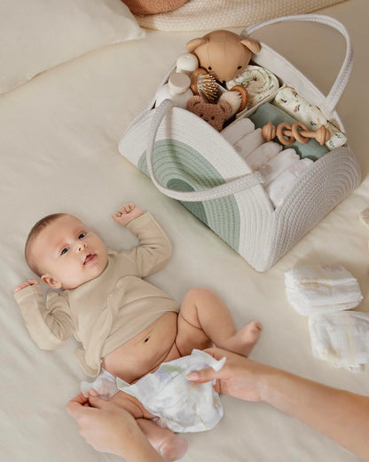 Portable Cotton Rope Diaper Caddy – Large Baby Storage Basket with Removable Dividers and Handles for Nursery, Car, Travel – Stylish Organizing Bin for Newborn Essentials (Mint Rainbow)