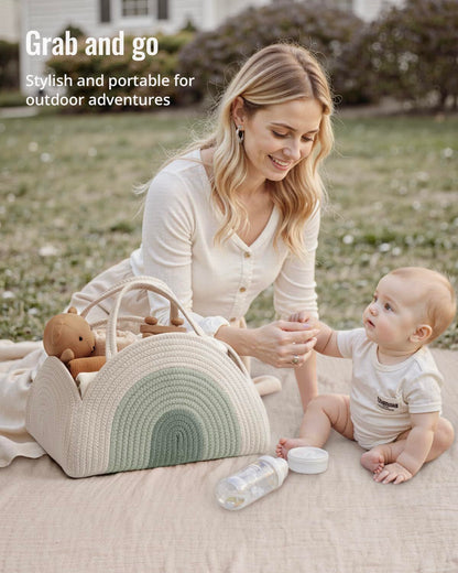 Portable Cotton Rope Diaper Caddy – Large Baby Storage Basket with Removable Dividers and Handles for Nursery, Car, Travel – Stylish Organizing Bin for Newborn Essentials (Mint Rainbow)