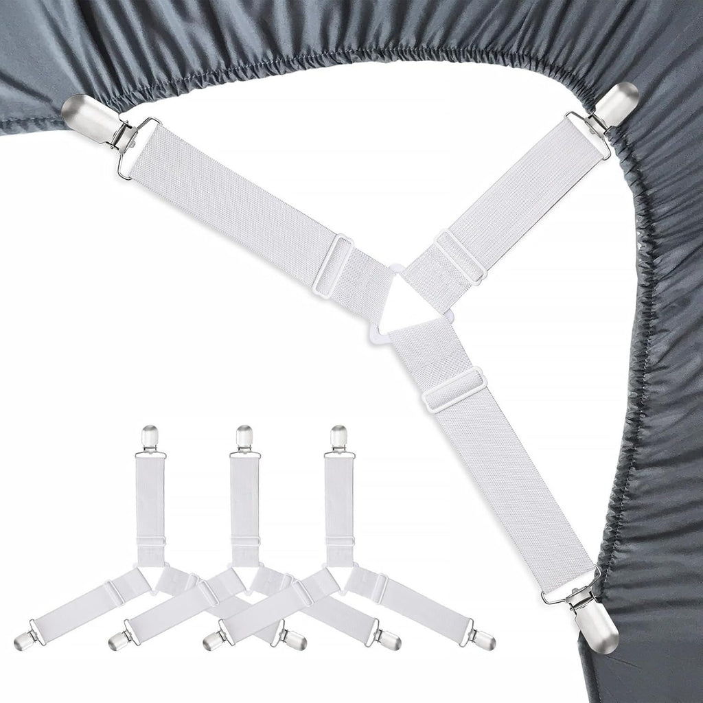 8-Pack Adjustable Bed Sheet Fasteners with Triangle 3-Clamp Design, White Elastic Bands & Nickel-Plated Clips—Secures Fitted Sheets, Sofa Covers, Car Seat Covers, and Tablecloths—Easy Install, Reusable