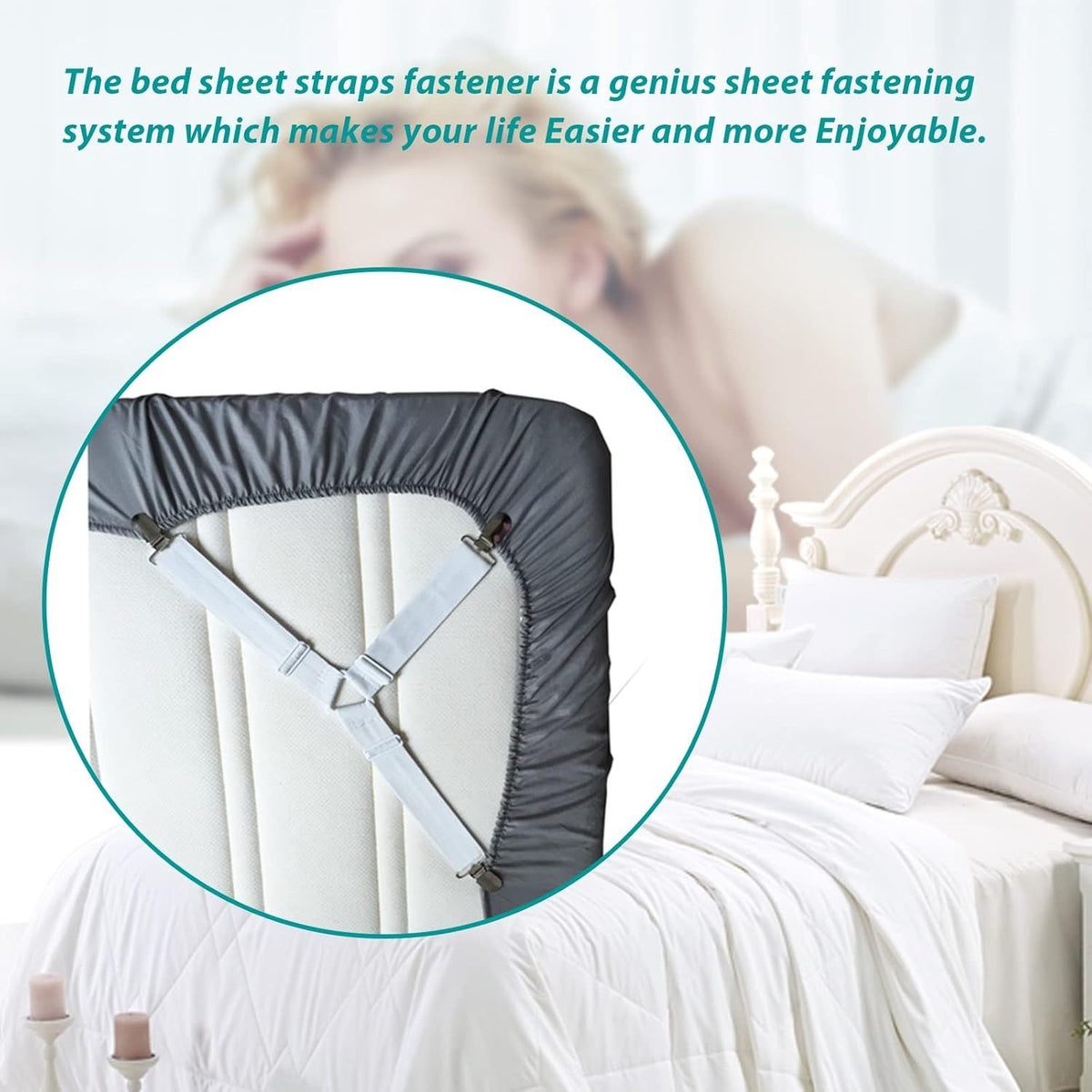 8-Pack Adjustable Bed Sheet Fasteners with Triangle 3-Clamp Design, White Elastic Bands & Nickel-Plated Clips—Secures Fitted Sheets, Sofa Covers, Car Seat Covers, and Tablecloths—Easy Install, Reusable