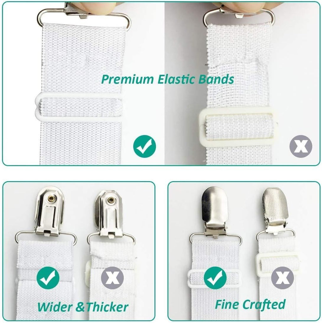 8-Pack Adjustable Bed Sheet Fasteners with Triangle 3-Clamp Design, White Elastic Bands & Nickel-Plated Clips—Secures Fitted Sheets, Sofa Covers, Car Seat Covers, and Tablecloths—Easy Install, Reusable