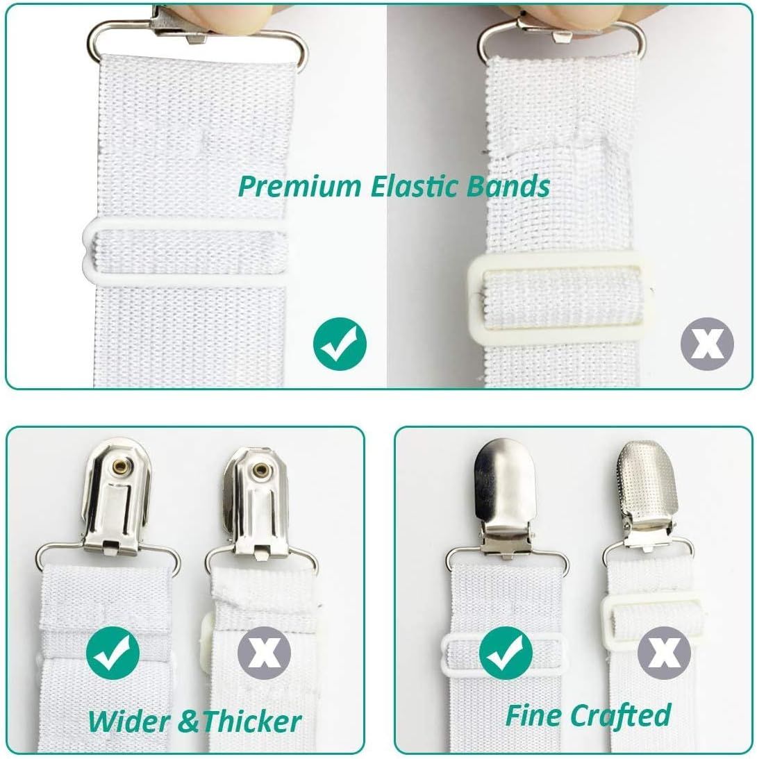 8-Pack Adjustable Bed Sheet Fasteners with Triangle 3-Clamp Design, White Elastic Bands & Nickel-Plated Clips—Secures Fitted Sheets, Sofa Covers, Car Seat Covers, and Tablecloths—Easy Install, Reusable