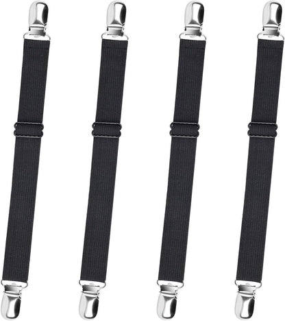 4-Pack Adjustable Bed Sheet Straps with Clips, Elastic Sheet Fasteners for Fitted Sheets, Sofa Covers, Tablecloths, Anti-Slip Grippers for Crib to King Size Beds (Black)