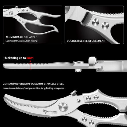 Heavy Duty Kitchen Shears, Poultry Scissors for Cutting Chicken Bones, German Stainless Steel, All-Metal Design, Spring-Loaded, Dishwasher Safe (Silver)