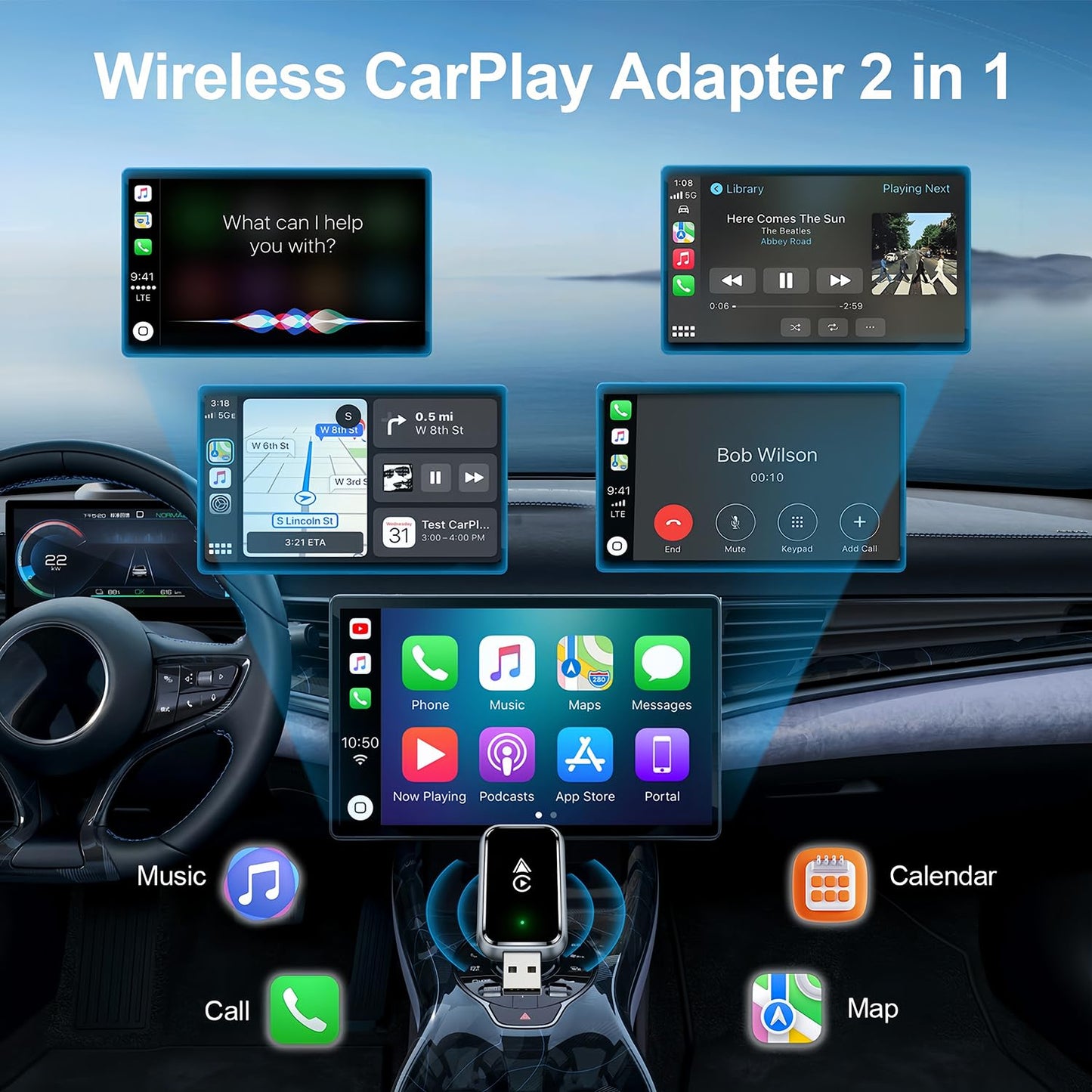 Wireless CarPlay Adapter 2-in-1 for iPhone & Android – Bluetooth 5.0 USB Dongle with OTA Update and Voice Control (Black)