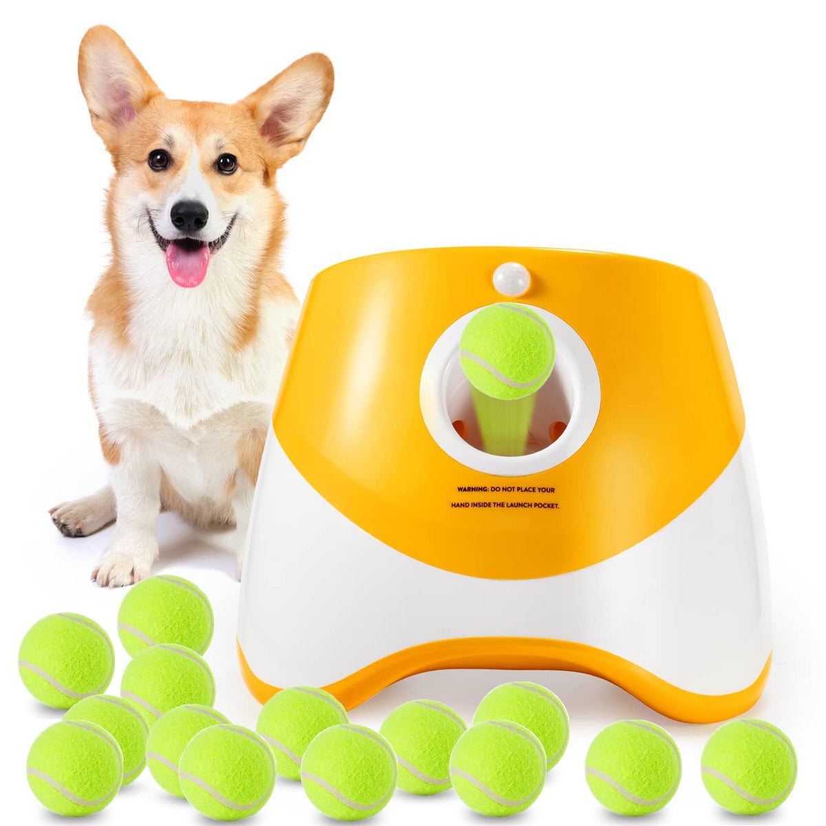 Automatic Dog Ball Launcher with 15 Mini Tennis Balls & Mesh Bag – Rechargeable Pet Toy for Small Dogs, Adjustable Launch Distance, Interactive Play (Orange)
