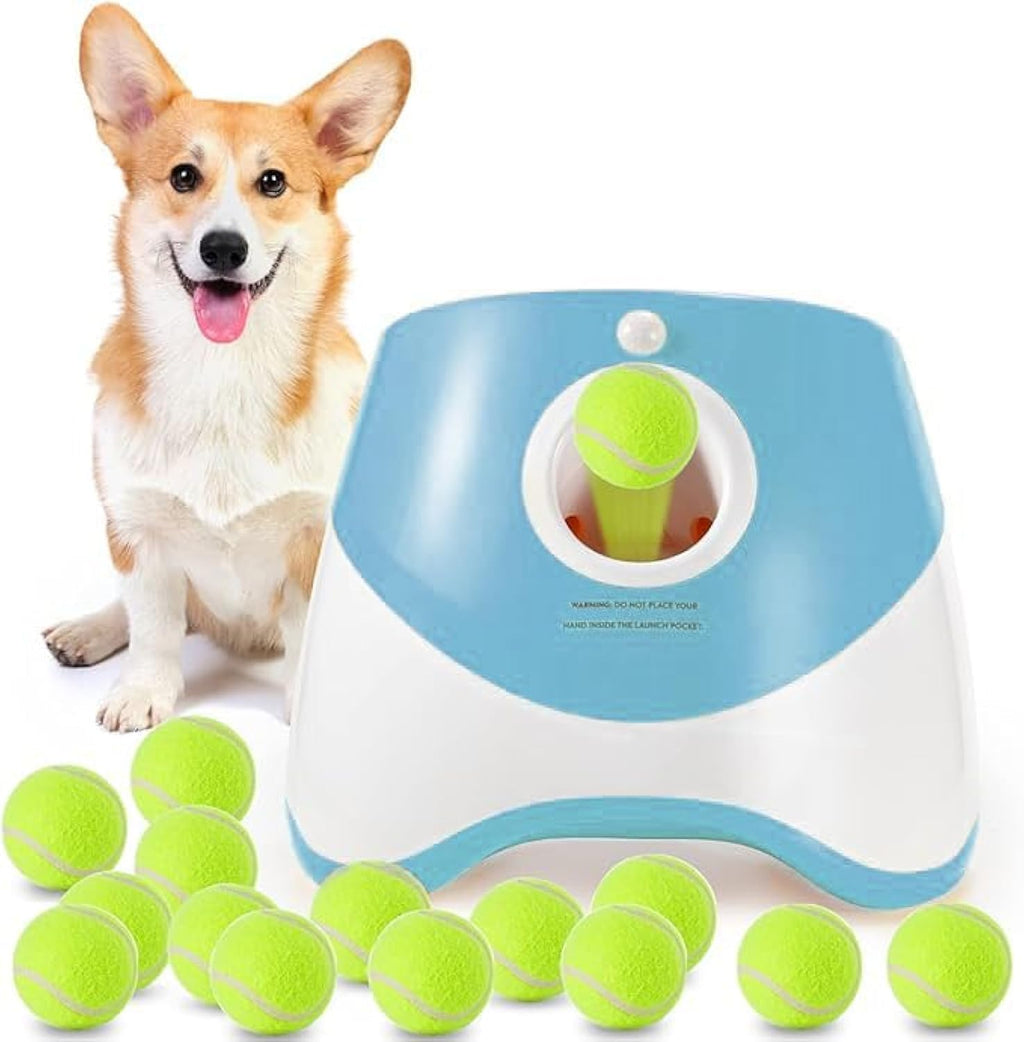 Automatic Dog Ball Launcher with 15 Mini Tennis Balls & Mesh Bag – Rechargeable Pet Toy for Small Dogs, Adjustable Launch Distance, Interactive Play (Blue)