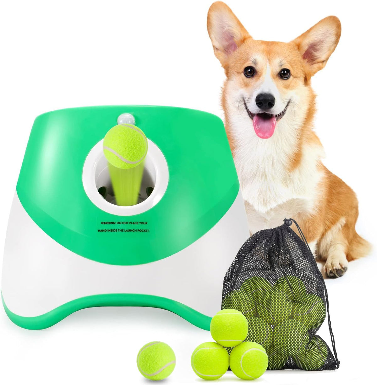 Automatic Dog Ball Launcher with 15 Mini Tennis Balls & Mesh Bag – Rechargeable Pet Toy for Small Dogs, Adjustable Launch Distance, Interactive Play (Green)