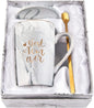 Best Mom Ever Coffee Mug Gift Set with Lid, Spoon & Coaster, 14oz Pink Marble Ceramic Cup for Mother's Day, Birthday, Christmas, Valentine's Day (White)