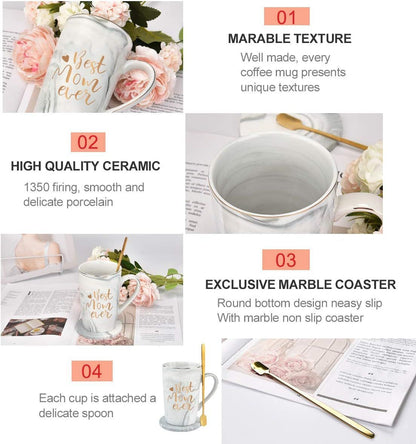 Best Mom Ever Coffee Mug Gift Set with Lid, Spoon & Coaster, 14oz Pink Marble Ceramic Cup for Mother's Day, Birthday, Christmas, Valentine's Day (White)
