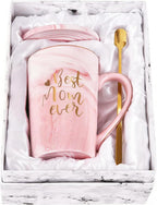 Best Mom Ever Coffee Mug Gift Set with Lid, Spoon & Coaster, 14oz Pink Marble Ceramic Cup for Mother's Day, Birthday, Christmas, Valentine's Day (Pink)