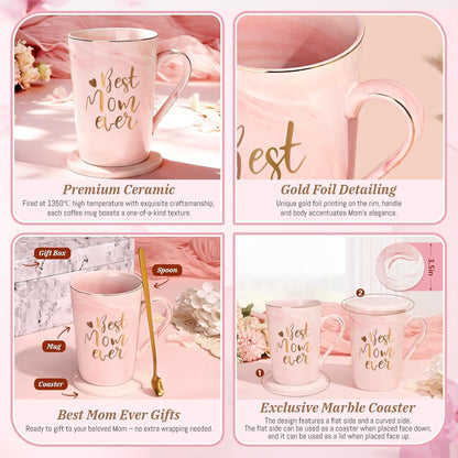 Best Mom Ever Coffee Mug Gift Set with Lid, Spoon & Coaster, 14oz Pink Marble Ceramic Cup for Mother's Day, Birthday, Christmas, Valentine's Day (Pink)