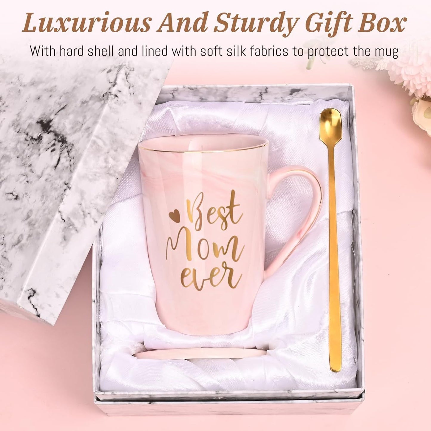 Best Mom Ever Coffee Mug Gift Set with Lid, Spoon & Coaster, 14oz Pink Marble Ceramic Cup for Mother's Day, Birthday, Christmas, Valentine's Day (Pink)