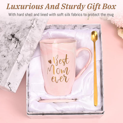 Best Mom Ever Coffee Mug Gift Set with Lid, Spoon & Coaster, 14oz Pink Marble Ceramic Cup for Mother's Day, Birthday, Christmas, Valentine's Day (Pink)