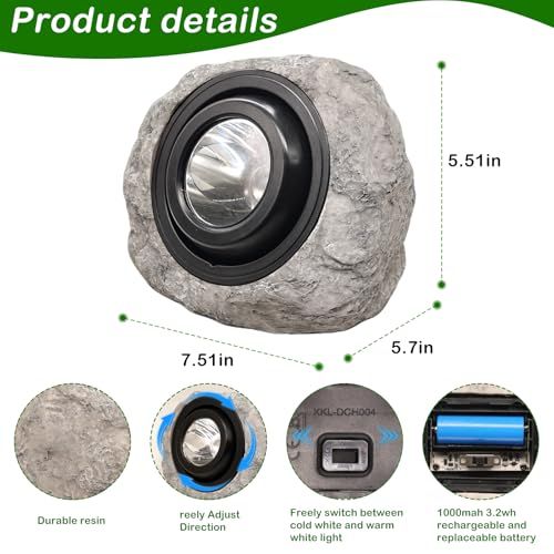 2Pack Solar Rock Lights Outdoor – Ash Gray Garden Stone Spotlights with IP65 Waterproof LED, Switchable Warm & Cool White, Auto On/Off for Pathway, Walkway, Yard & Patio(gray)