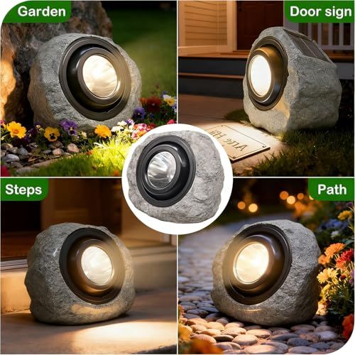2Pack Solar Rock Lights Outdoor – Ash Gray Garden Stone Spotlights with IP65 Waterproof LED, Switchable Warm & Cool White, Auto On/Off for Pathway, Walkway, Yard & Patio(gray)