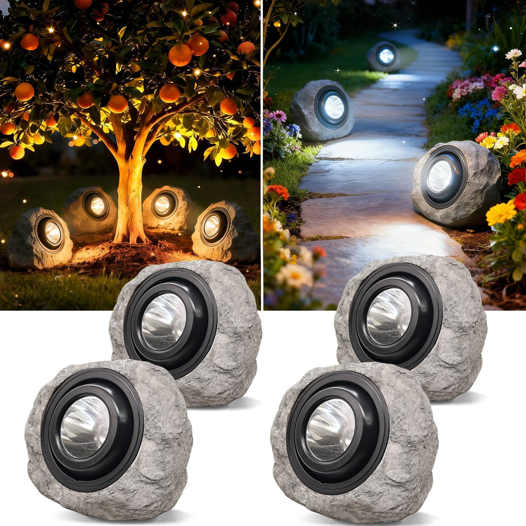 2Pack Solar Rock Lights Outdoor – Ash Gray Garden Stone Spotlights with IP65 Waterproof LED, Switchable Warm & Cool White, Auto On/Off for Pathway, Walkway, Yard & Patio(gray)