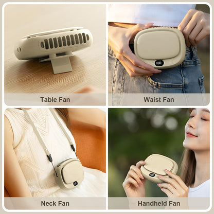 Portable Neck Fan with 5 Speeds – Rechargeable USB Mini Fan for Outdoor Travel, Work & Camping – Silent Personal Cooling Fan (Beige)