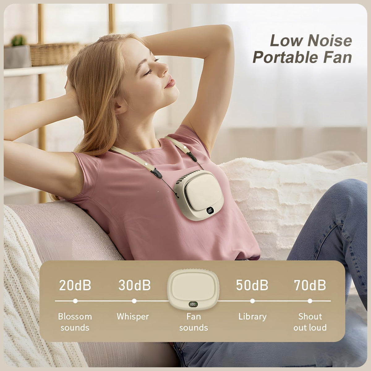 Portable Neck Fan with 5 Speeds – Rechargeable USB Mini Fan for Outdoor Travel, Work & Camping – Silent Personal Cooling Fan (Beige)