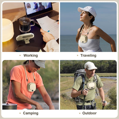 Portable Neck Fan with 5 Speeds – Rechargeable USB Mini Fan for Outdoor Travel, Work & Camping – Silent Personal Cooling Fan (Beige)