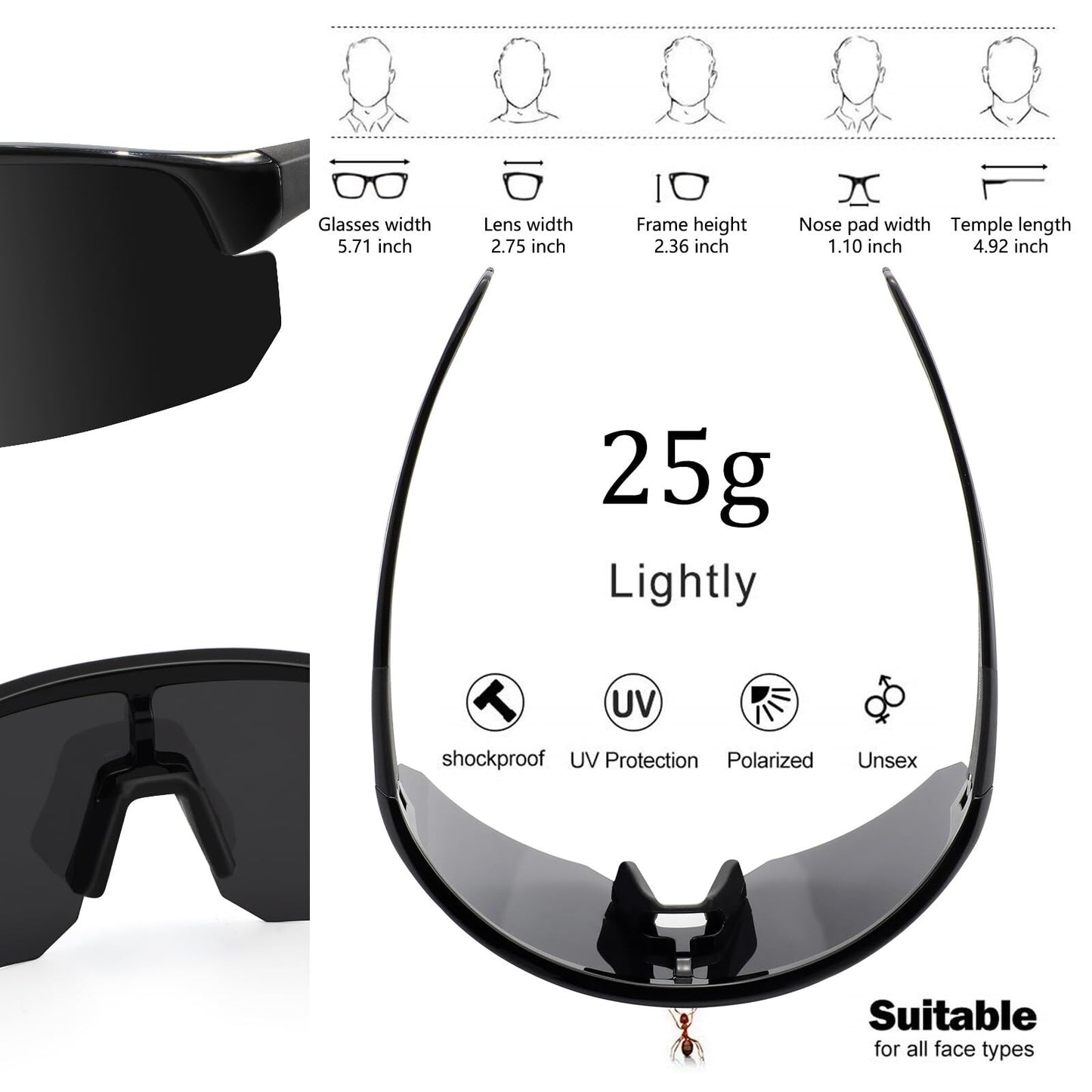 High-End Polarized Sports Sunglasses for Men Women – UV400 Protection, Anti-Fog, Lightweight TR90 Frame, Removable Lens, Ideal for Cycling, Running, Fishing, Golf (Black)