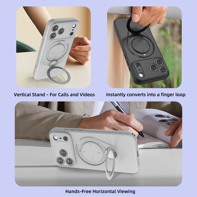 Magnetic Shockproof Phone Case with 360-Degree Rotating Ring Stand and Wireless Charging Support for iPhone 17 Pro – Slim Protective Cover Designed for Home Use, Office Work, Travel, Commuting and Everyday On-the-Go Lifestyle (Grey)