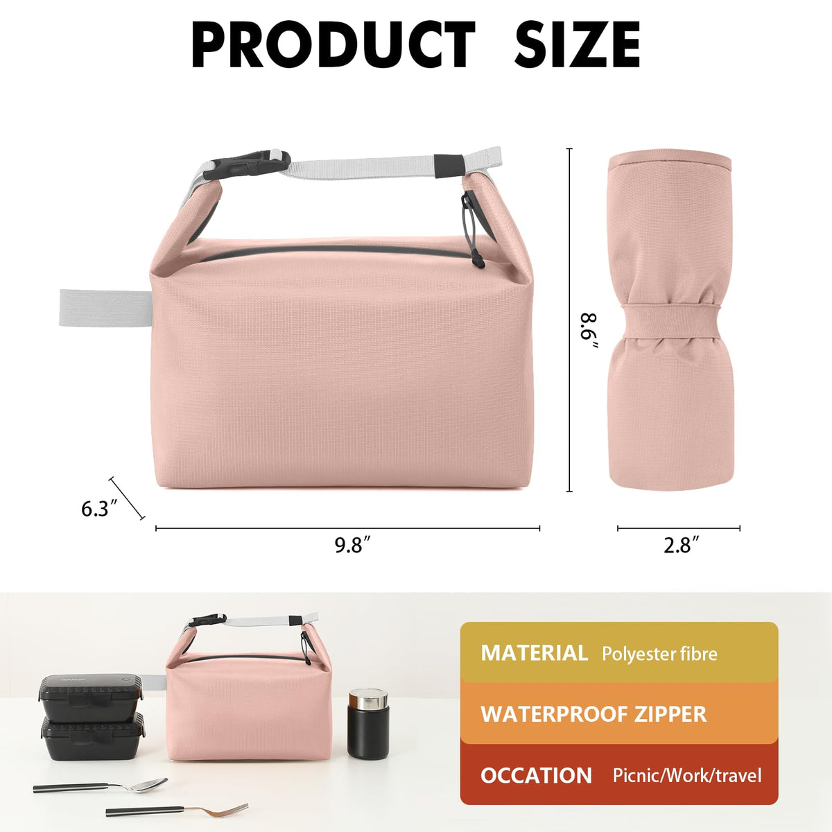 Foldable Lunch Bag – Reusable Insulated Cooler Tote with Waterproof Zipper, Leak-Proof Design, Lightweight & Compact, Ideal for Work, School, Picnic, Travel (Pink)