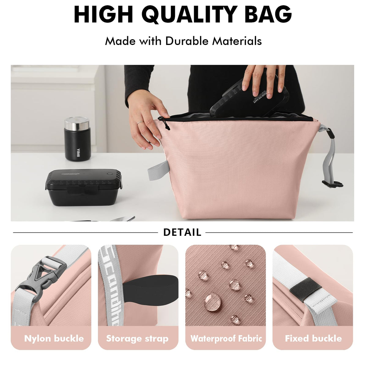 Foldable Lunch Bag – Reusable Insulated Cooler Tote with Waterproof Zipper, Leak-Proof Design, Lightweight & Compact, Ideal for Work, School, Picnic, Travel (Pink)