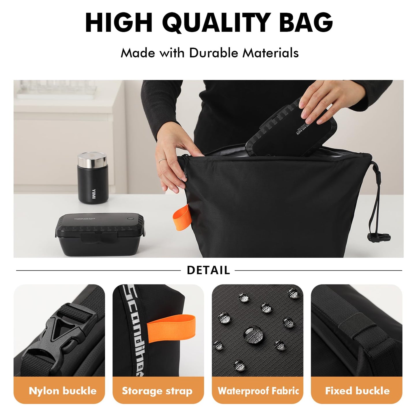 Foldable Lunch Bag – Reusable Insulated Cooler Tote with Waterproof Zipper, Leak-Proof Design, Lightweight & Compact, Ideal for Work, School, Picnic, Travel (Black)