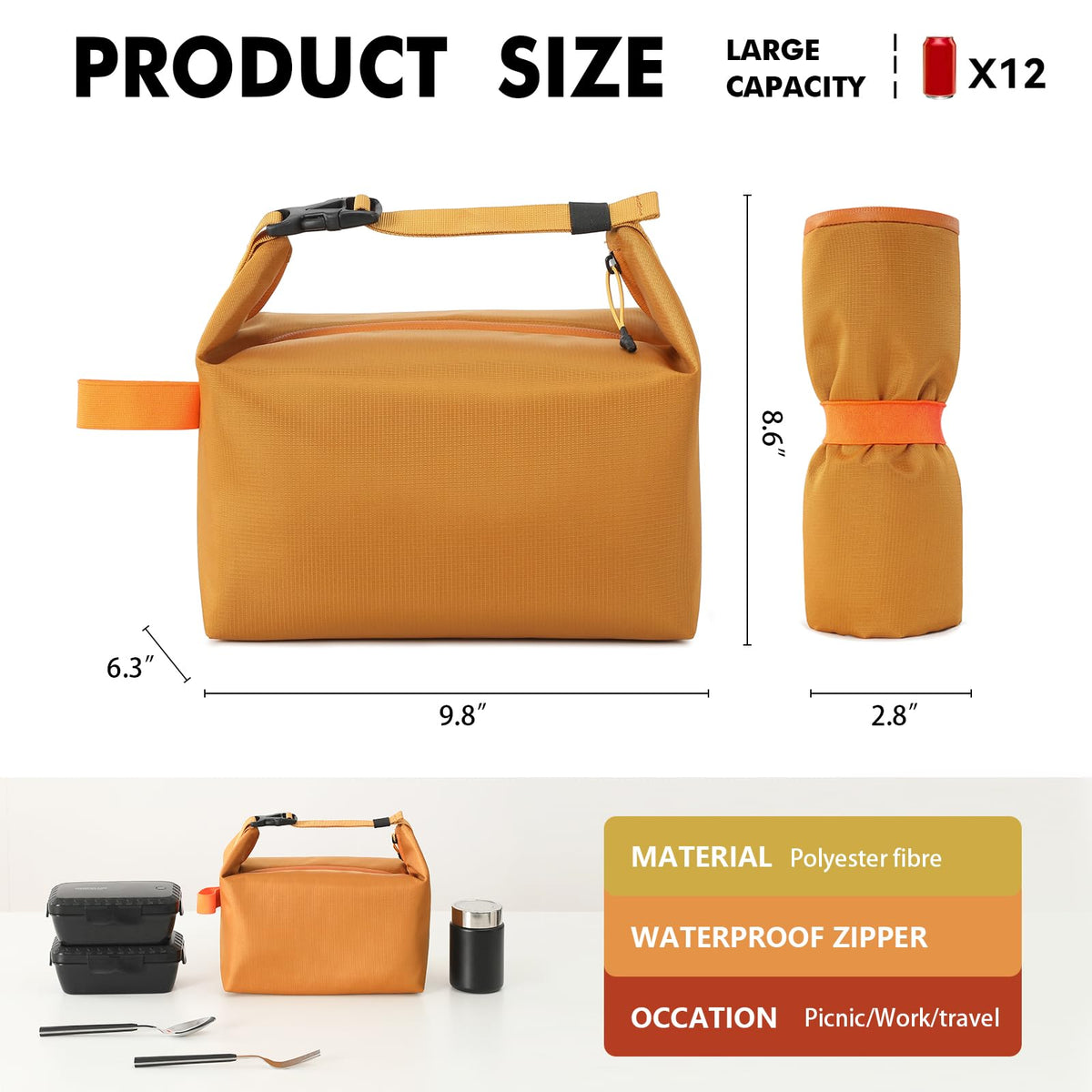 Foldable Lunch Bag – Reusable Insulated Cooler Tote with Waterproof Zipper, Leak-Proof Design, Lightweight & Compact, Ideal for Work, School, Picnic, Travel (Yellow)
