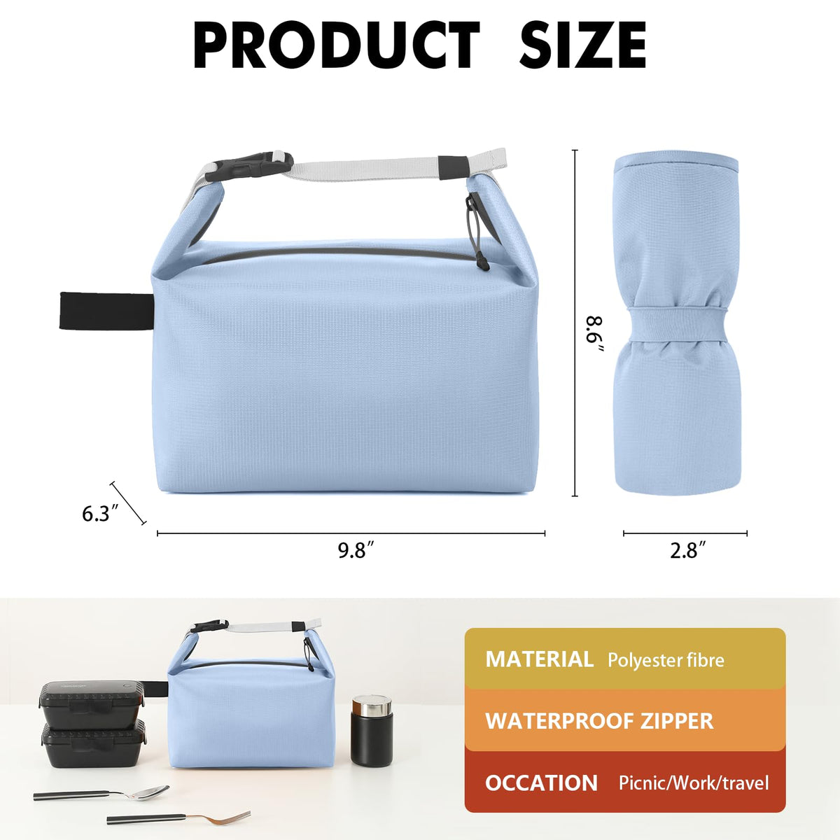 Foldable Lunch Bag – Reusable Insulated Cooler Tote with Waterproof Zipper, Leak-Proof Design, Lightweight & Compact, Ideal for Work, School, Picnic, Travel (Blue)