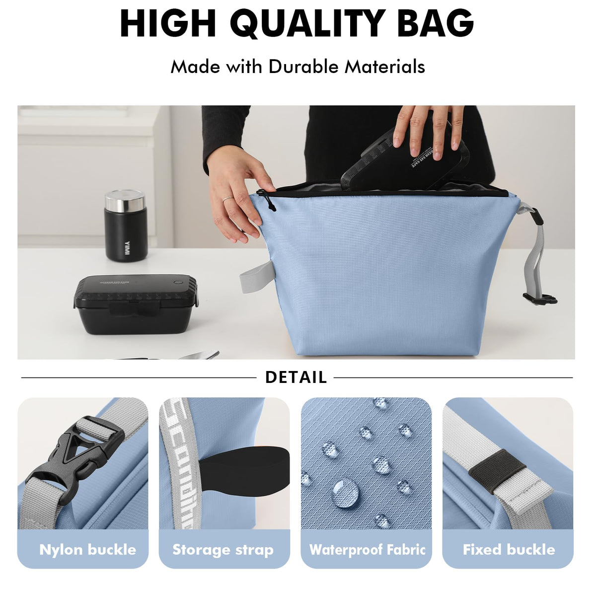 Foldable Lunch Bag – Reusable Insulated Cooler Tote with Waterproof Zipper, Leak-Proof Design, Lightweight & Compact, Ideal for Work, School, Picnic, Travel (Blue)