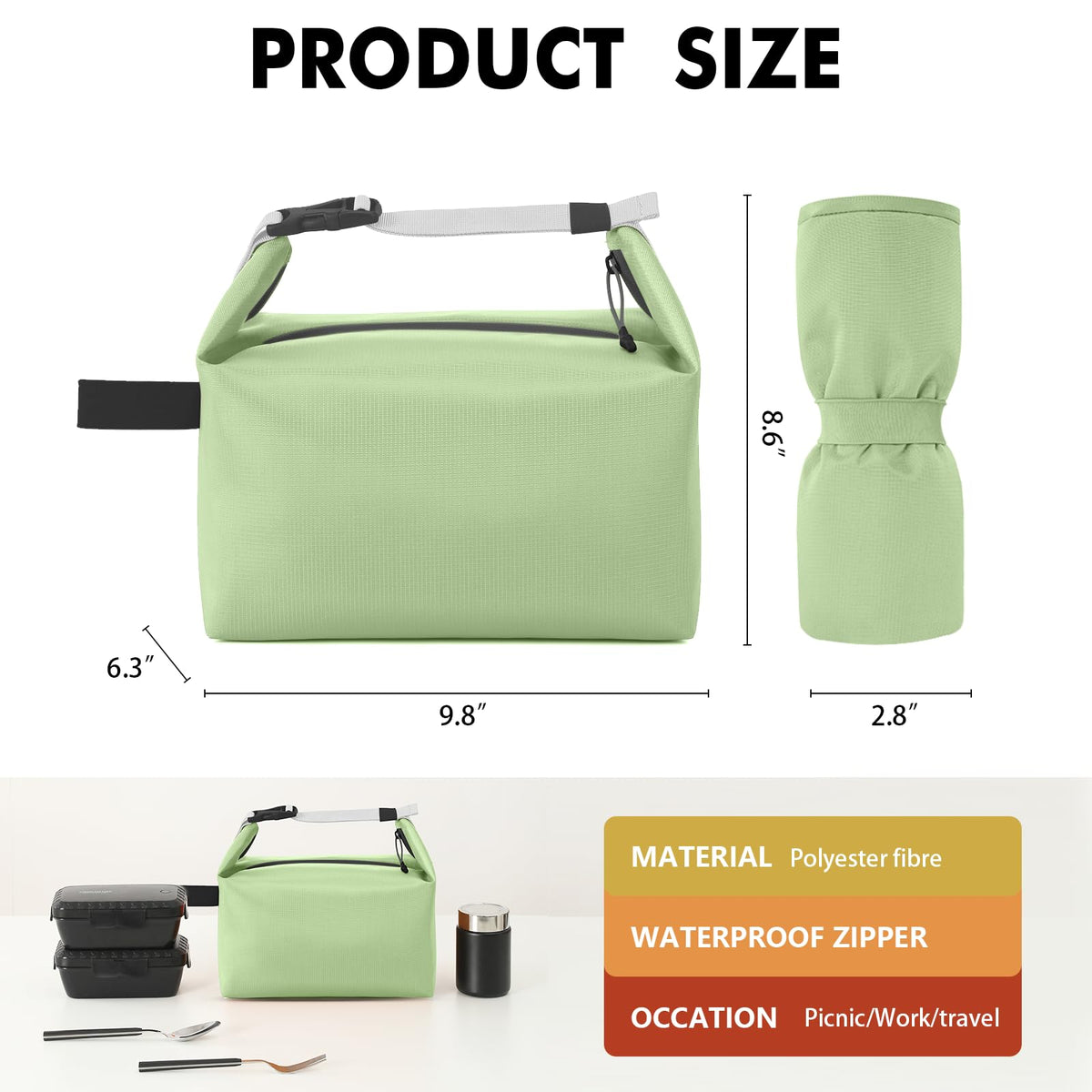 Foldable Lunch Bag – Reusable Insulated Cooler Tote with Waterproof Zipper, Leak-Proof Design, Lightweight & Compact, Ideal for Work, School, Picnic, Travel (Green)