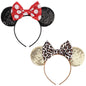 2-Pack Minnie-Style Sequin Ear Headbands for Women & Girls – Sparkly Mouse Ears with Fabric Bows (Polka Dot Red & Leopard Print), Stretchy Comfort Fit, Perfect for Theme Parks, Parties, Cosplay, Photoshoots, and Daily Fun (Black & Beige)