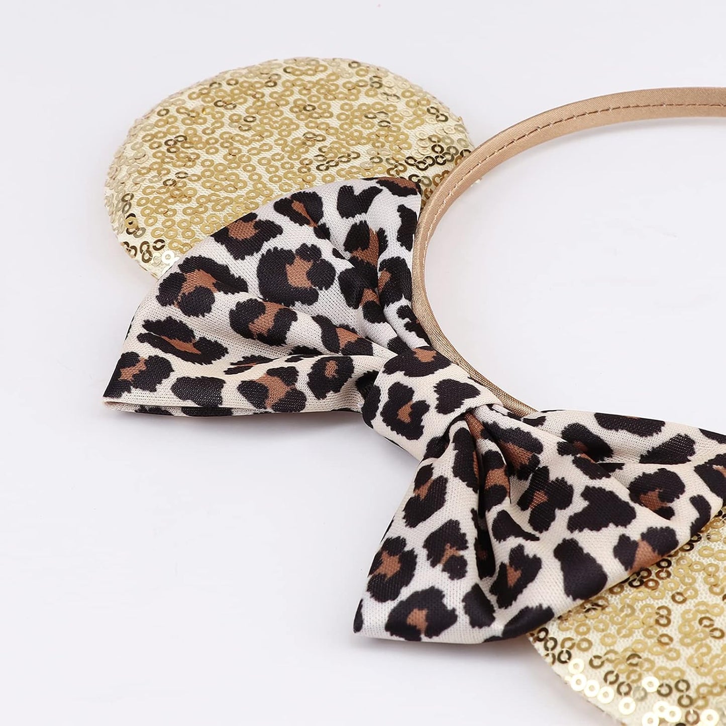 2-Pack Minnie-Style Sequin Ear Headbands for Women & Girls – Sparkly Mouse Ears with Fabric Bows (Polka Dot Red & Leopard Print), Stretchy Comfort Fit, Perfect for Theme Parks, Parties, Cosplay, Photoshoots, and Daily Fun (Black & Beige)