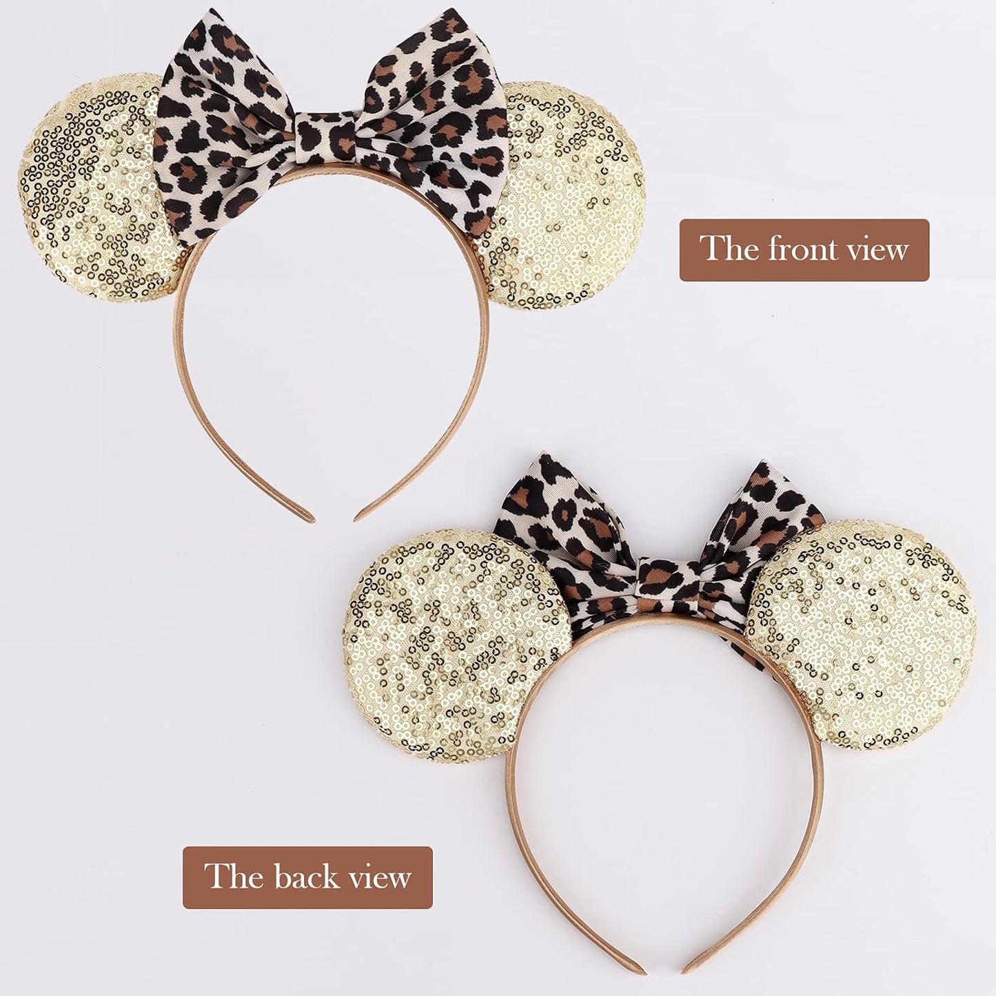 2-Pack Minnie-Style Sequin Ear Headbands for Women & Girls – Sparkly Mouse Ears with Fabric Bows (Polka Dot Red & Leopard Print), Stretchy Comfort Fit, Perfect for Theme Parks, Parties, Cosplay, Photoshoots, and Daily Fun (Black & Beige)