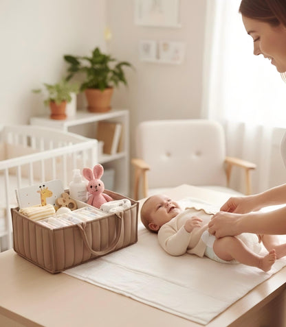 Large Baby Diaper Caddy Organizer – Stylish Storage Basket for Nursery, Changing Table & Travel – Portable Urn for Diapers, Wipes, Toys & Essentials (Brown)