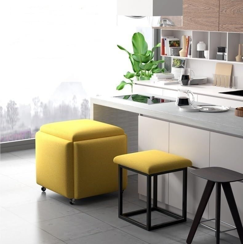 Stool, 5 in 1 Nesting Ottoman Stool with Swivel Casters Stackable Cube Square Sofa Vanity Movable Footstool for Living Room Bedroom(Yellow)