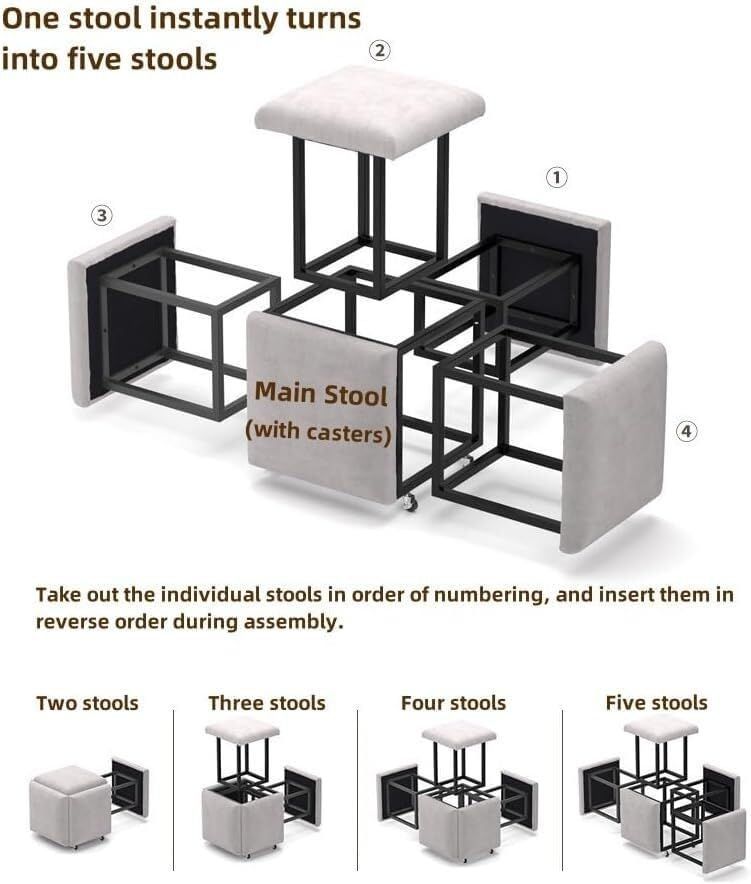 Stool, 5 in 1 Nesting Ottoman Stool with Swivel Casters Stackable Cube Square Sofa Vanity Movable Footstool for Living Room Bedroom(Purple)