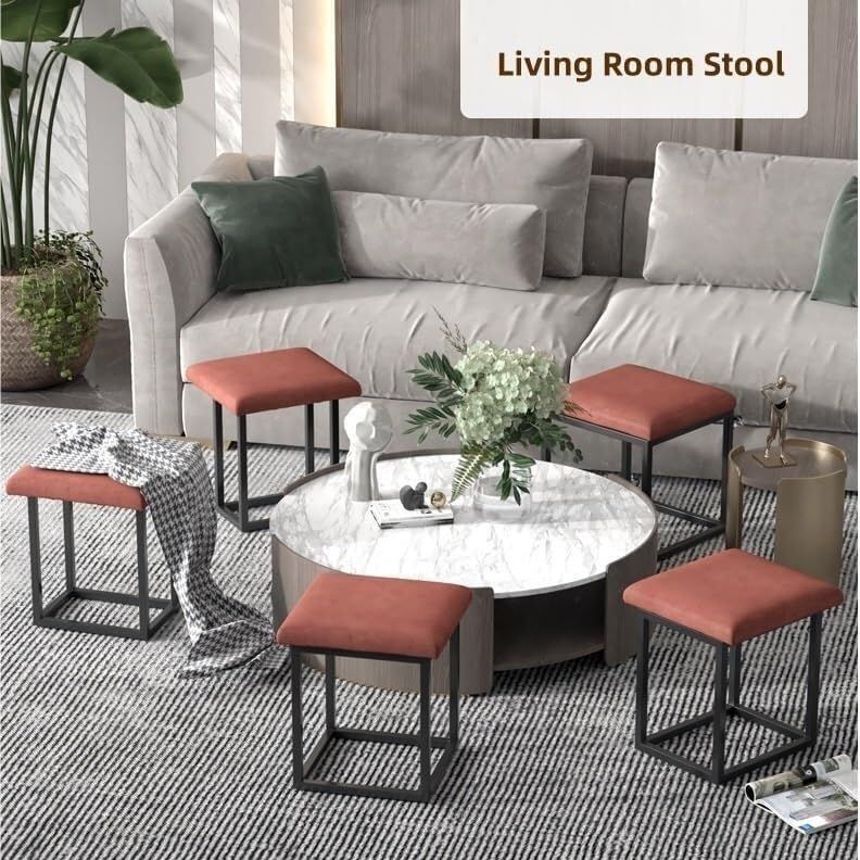 Stool, 5 in 1 Nesting Ottoman Stool with Swivel Casters Stackable Cube Square Sofa Vanity Movable Footstool for Living Room Bedroom(pink)