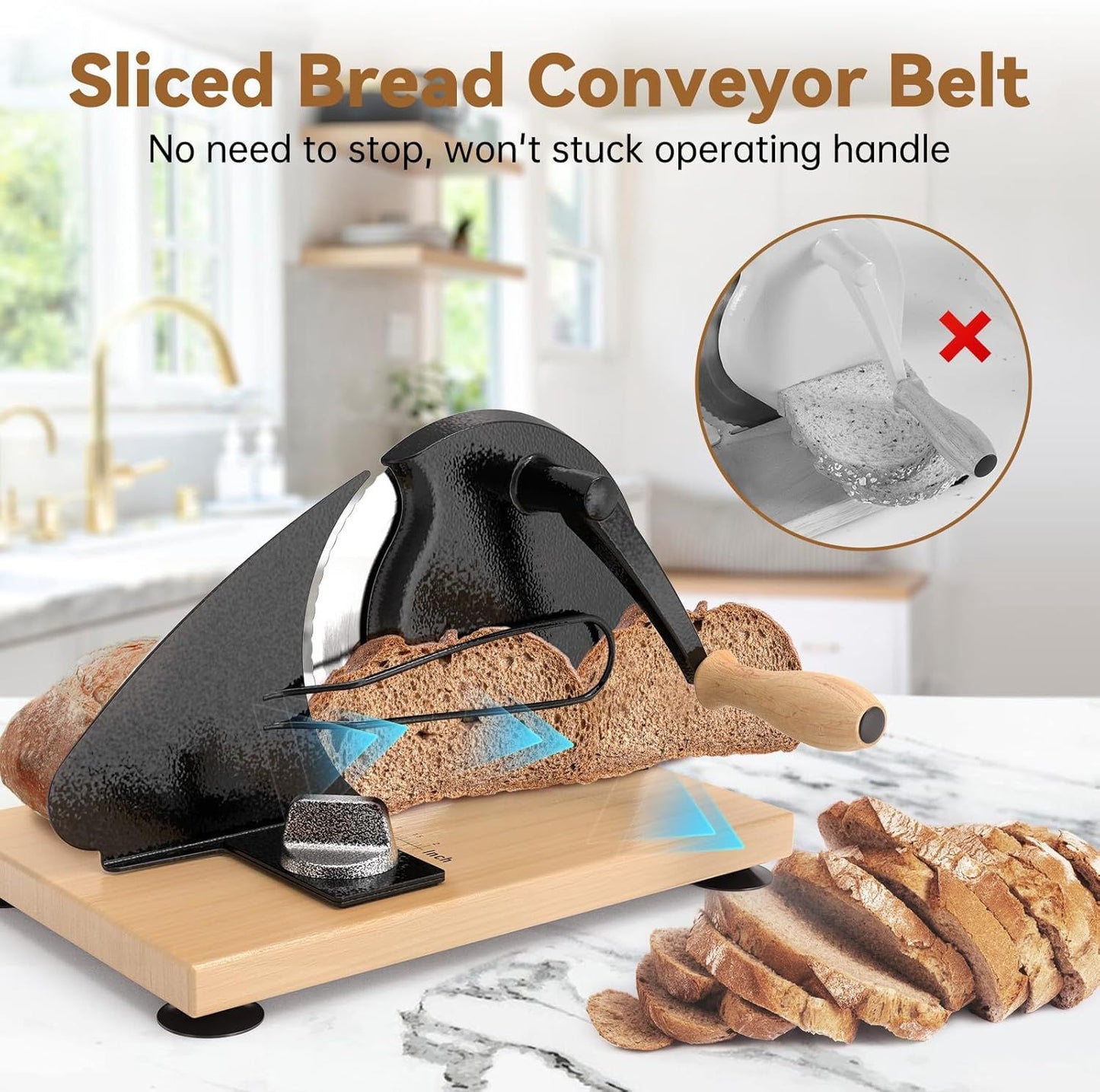 Manual Bread Slicer with Adjustable Thickness, Hand Crank Slicer for Homemade Sourdough, 304 Stainless Steel Blade, Wood Base, for Home & Bakery (Black)
