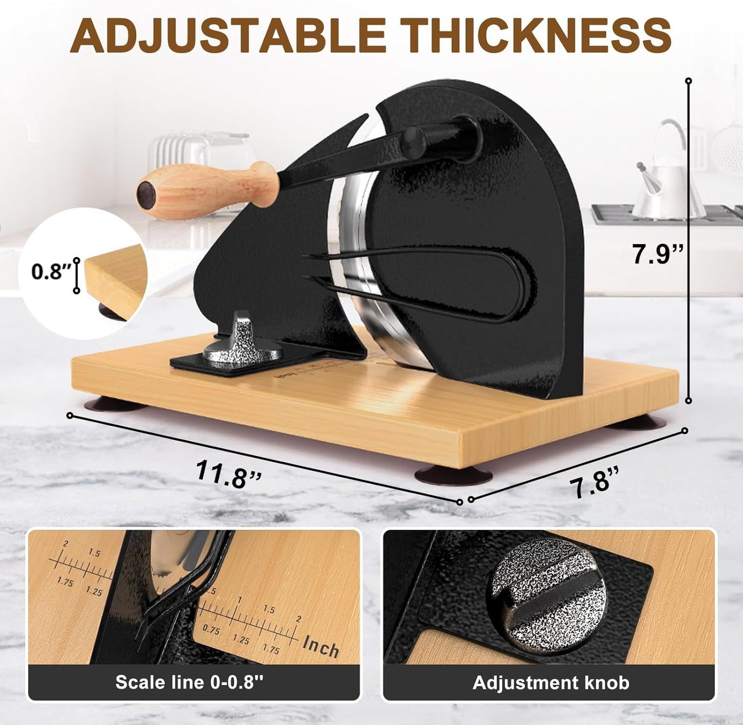Manual Bread Slicer with Adjustable Thickness, Hand Crank Slicer for Homemade Sourdough, 304 Stainless Steel Blade, Wood Base, for Home & Bakery (Black)