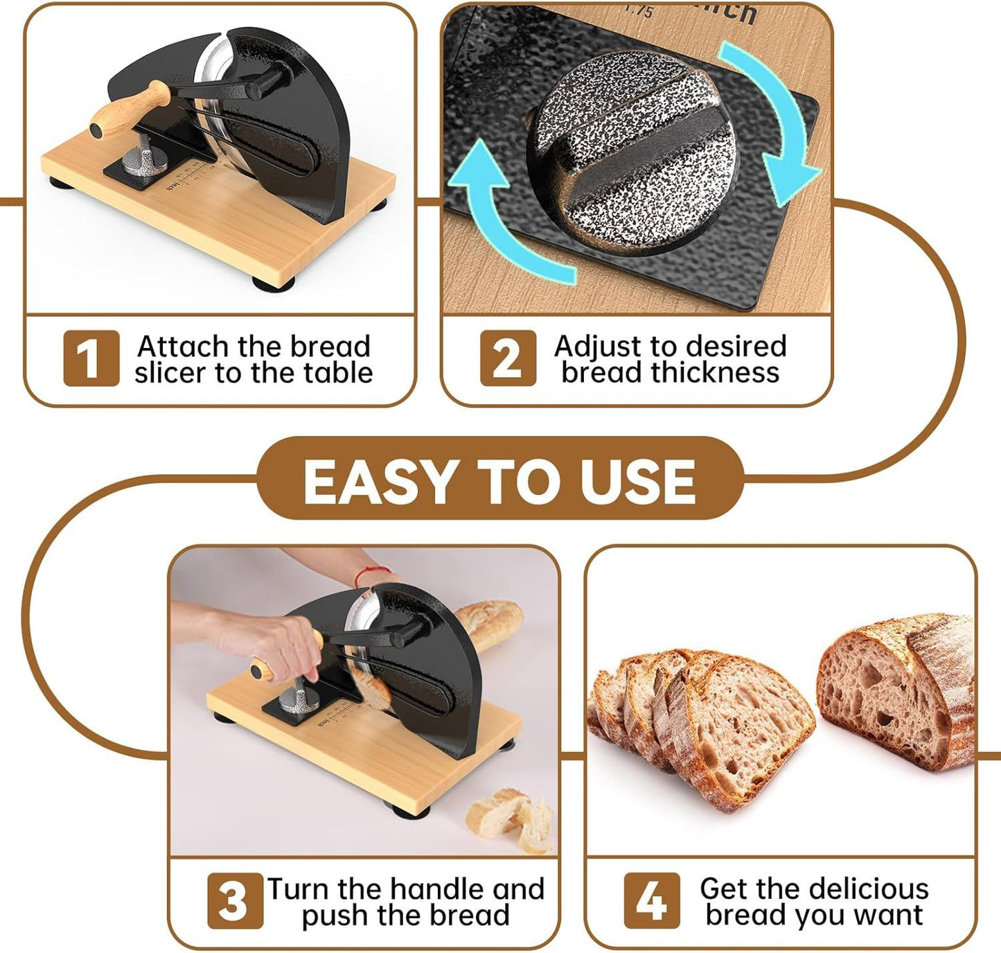 Manual Bread Slicer with Adjustable Thickness, Hand Crank Slicer for Homemade Sourdough, 304 Stainless Steel Blade, Wood Base, for Home & Bakery (Black)