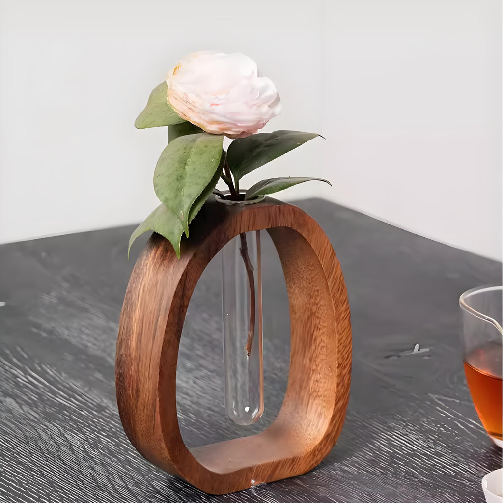 Wooden Glass Hydroponic Vase – Minimalist Desktop Flower Vase for Water Plants & Blooms (9.5cm) | Other Sizes Available in Store