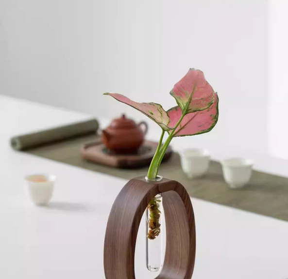 Wooden Glass Hydroponic Vase – Minimalist Desktop Flower Vase for Water Plants & Blooms (15cm) | Other Sizes Available in Store