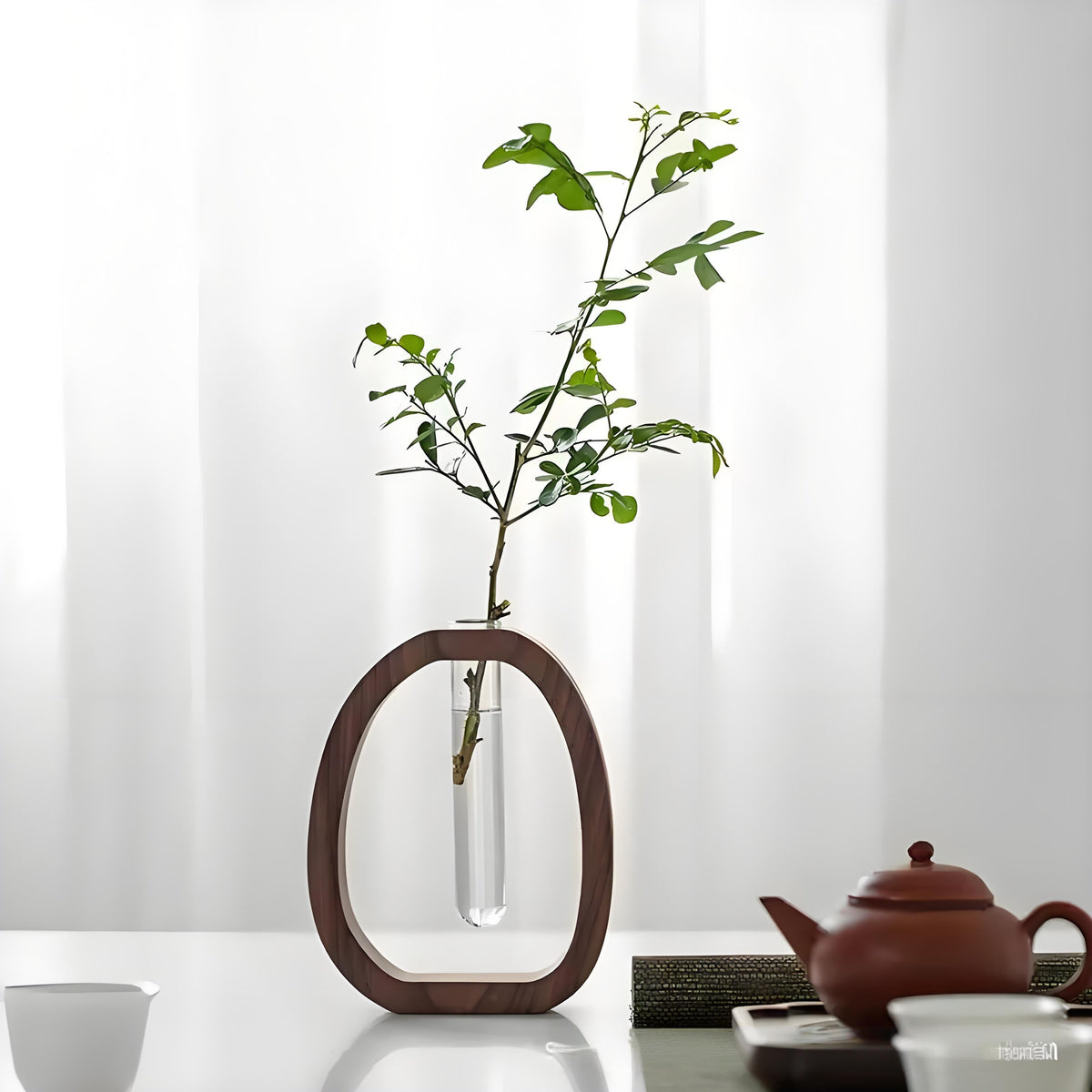 Wooden Glass Hydroponic Vase – Minimalist Desktop Flower Vase for Water Plants & Blooms (15cm) | Other Sizes Available in Store