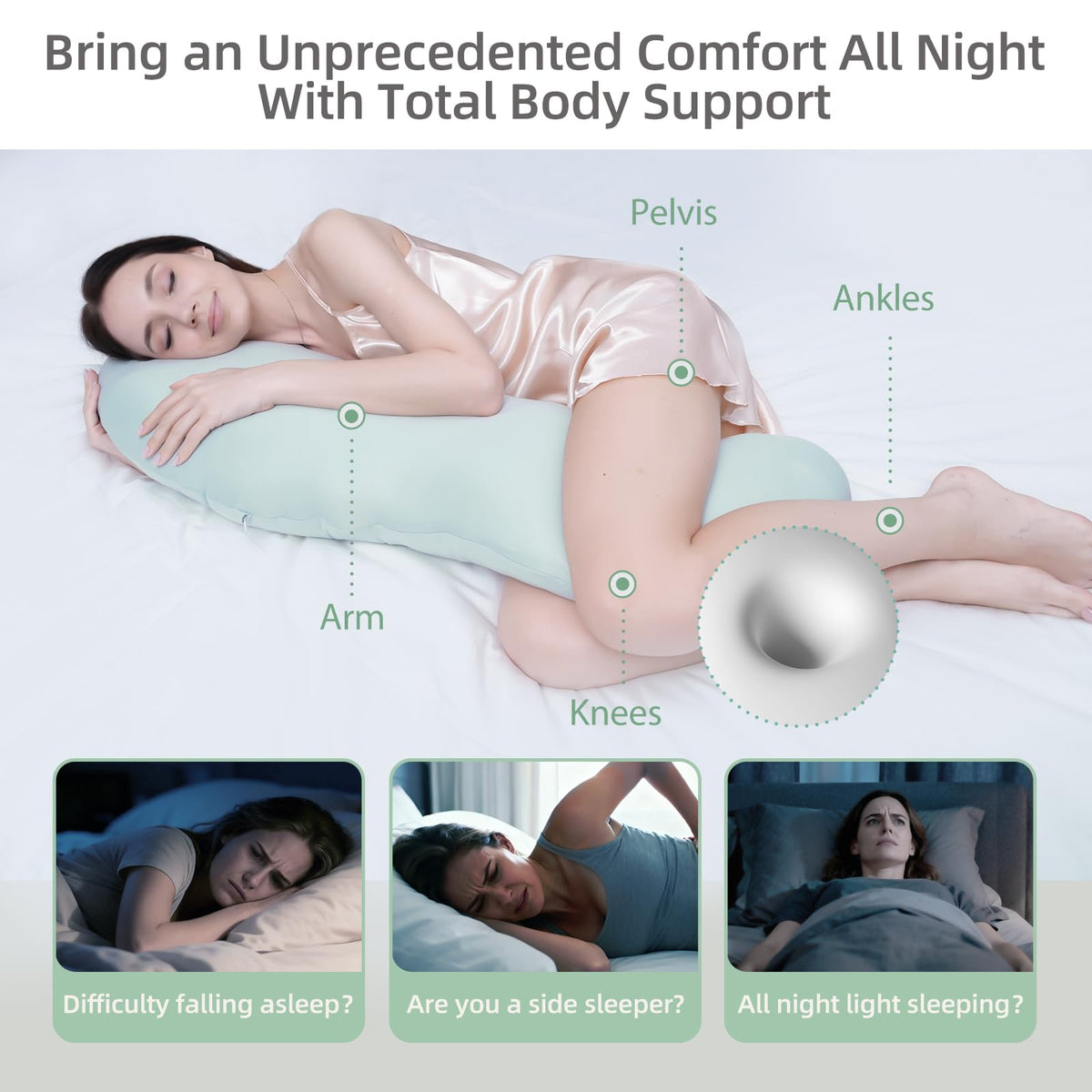 Pea Pod Shape Body Pillow for Adults – Full-Body Support Side Sleeper Pillow, Pregnancy & Back Pain Relief, Soft Hug Pillow with Memory Fiber Filling (Light Blue)