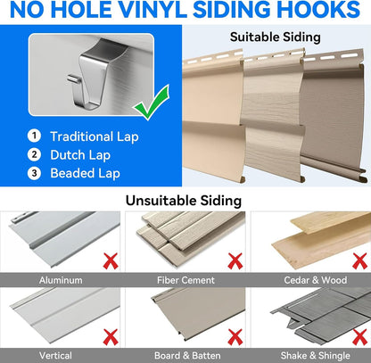 12 Pack No Hole Vinyl Siding Hooks, Heavy Duty Stainless Steel Siding Hangers for Outdoor Decor, Easy Install Wall Mount Clips for Lights Wreaths (Silver)