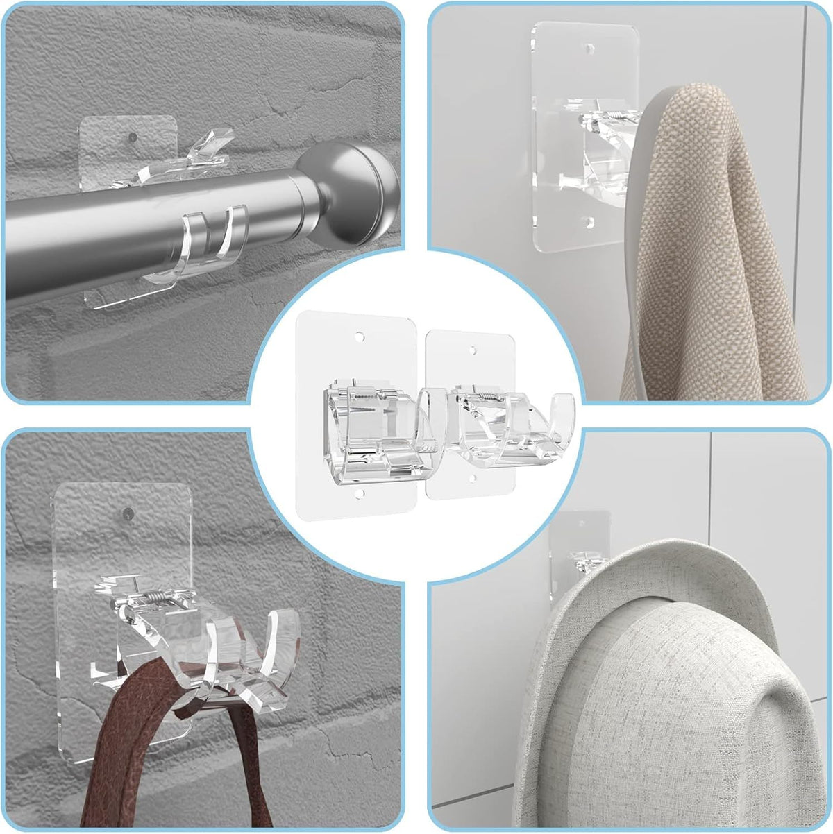 4-Pack No-Drill Self-Adhesive Curtain Rod Brackets for Smooth Walls, Universal Fit for Bathroom & Bedroom (Transparent)