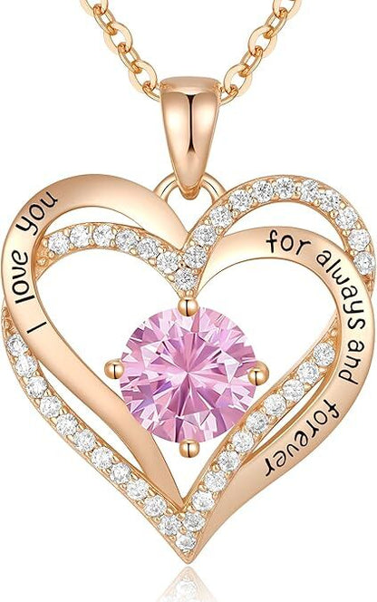 Forever Love Heart Birthstone Necklace: 925 Sterling Silver Personalized Jewelry for Mom, Wife, Friend with 12 Month Stone Options（pink diamond,October）